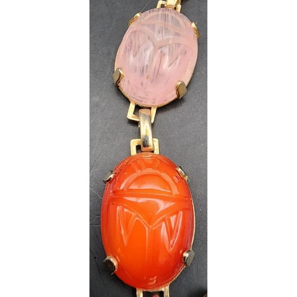 Vintage Carved Multi Color Scarab Stones Gold Tone Egyptian Bracelet Thorn JLRY - Picture 4 of 9